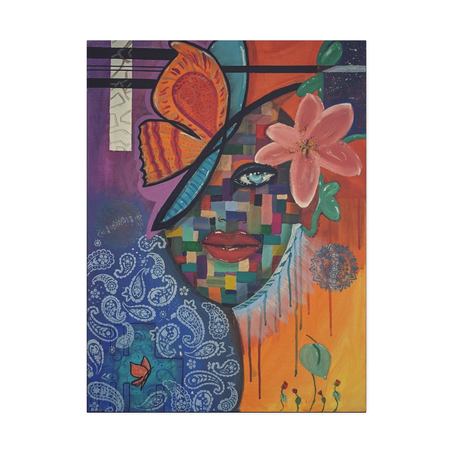Abstract Floral Face Canvas Print – Colorful Pop Art Stretched Canvas