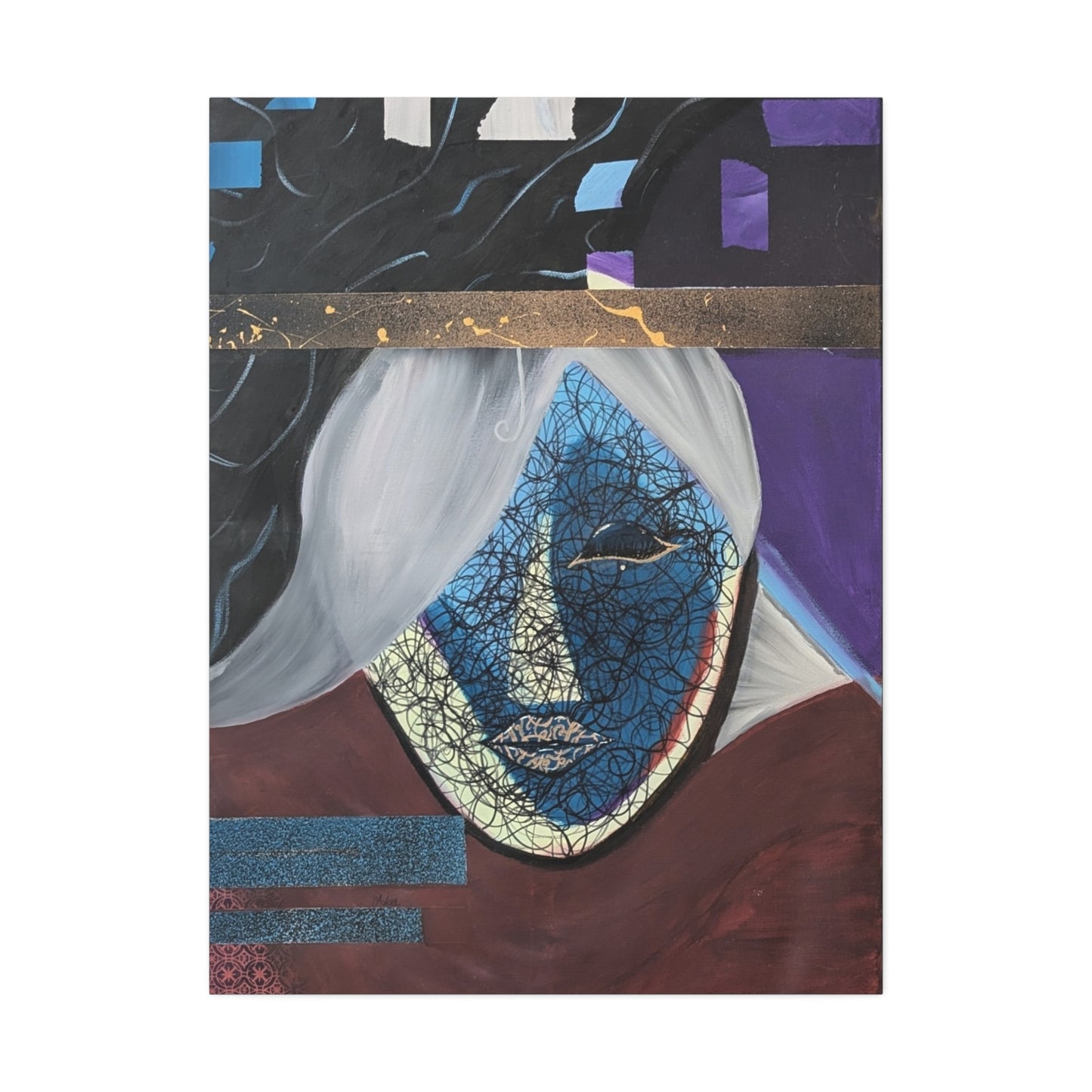 Abstract Blue Mask Canvas Print — Surreal Portrait Stretched Wall Art