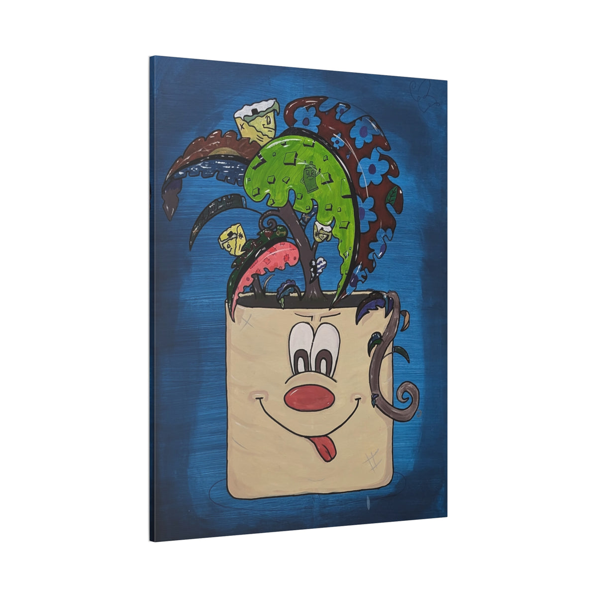 Whimsical Plant-Pocket Canvas Art — Playful Face & Tropical Leaves