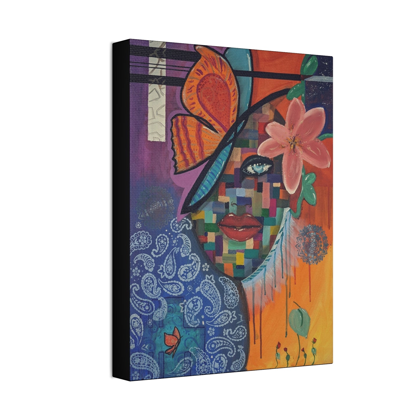 Abstract Floral Face Canvas Print – Colorful Pop Art Stretched Canvas