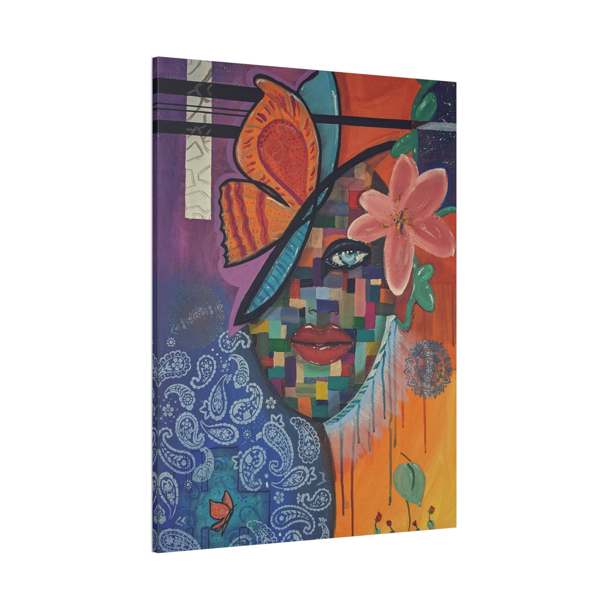 Colorful Abstract Woman Face Canvas Wall Art – Floral Mosaic Portrait on Stretched Canvas