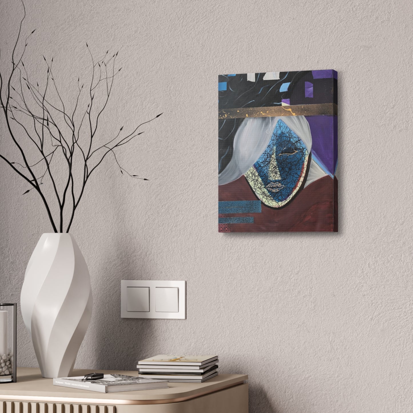 Abstract Blue Mask Canvas Print — Surreal Portrait Stretched Wall Art