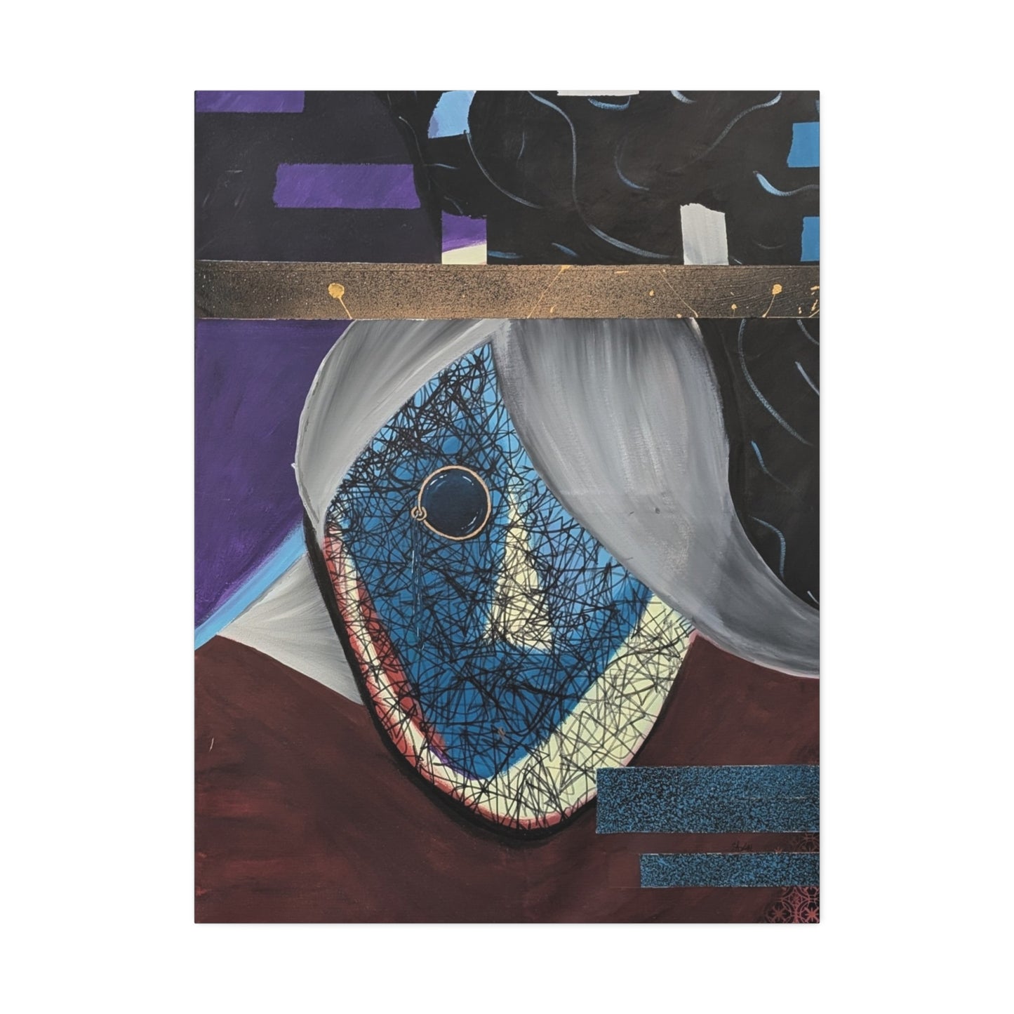 Abstract Blue Mask Canvas Stretched Art Print – Surreal Portrait Wall Art