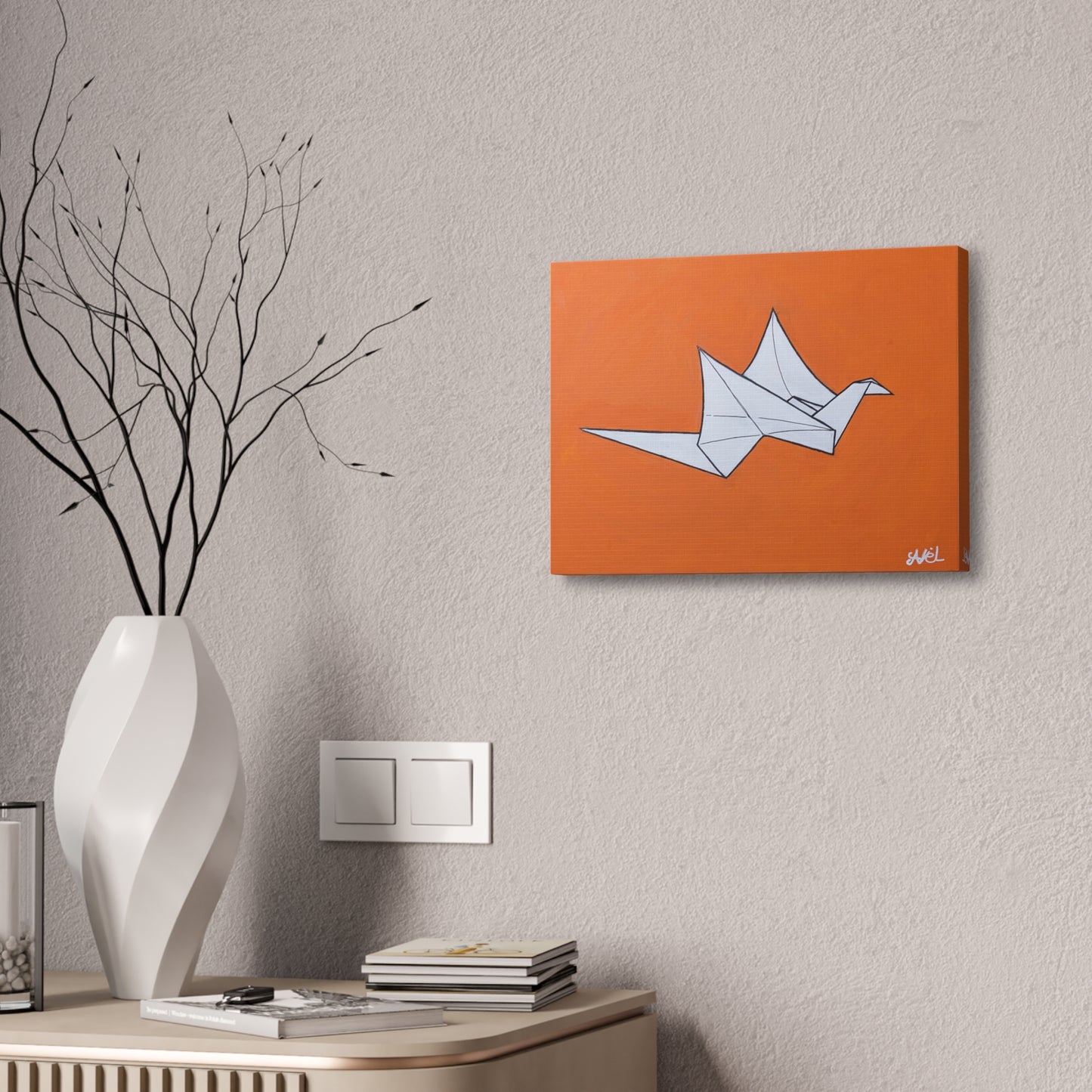 Origami Crane Canvas Wall Art — Modern Orange Stretched Canvas