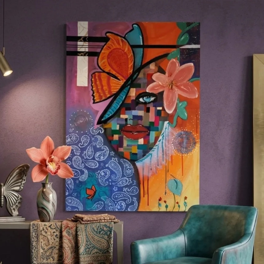 Colorful Abstract Woman Face Canvas Wall Art – Floral Mosaic Portrait on Stretched Canvas