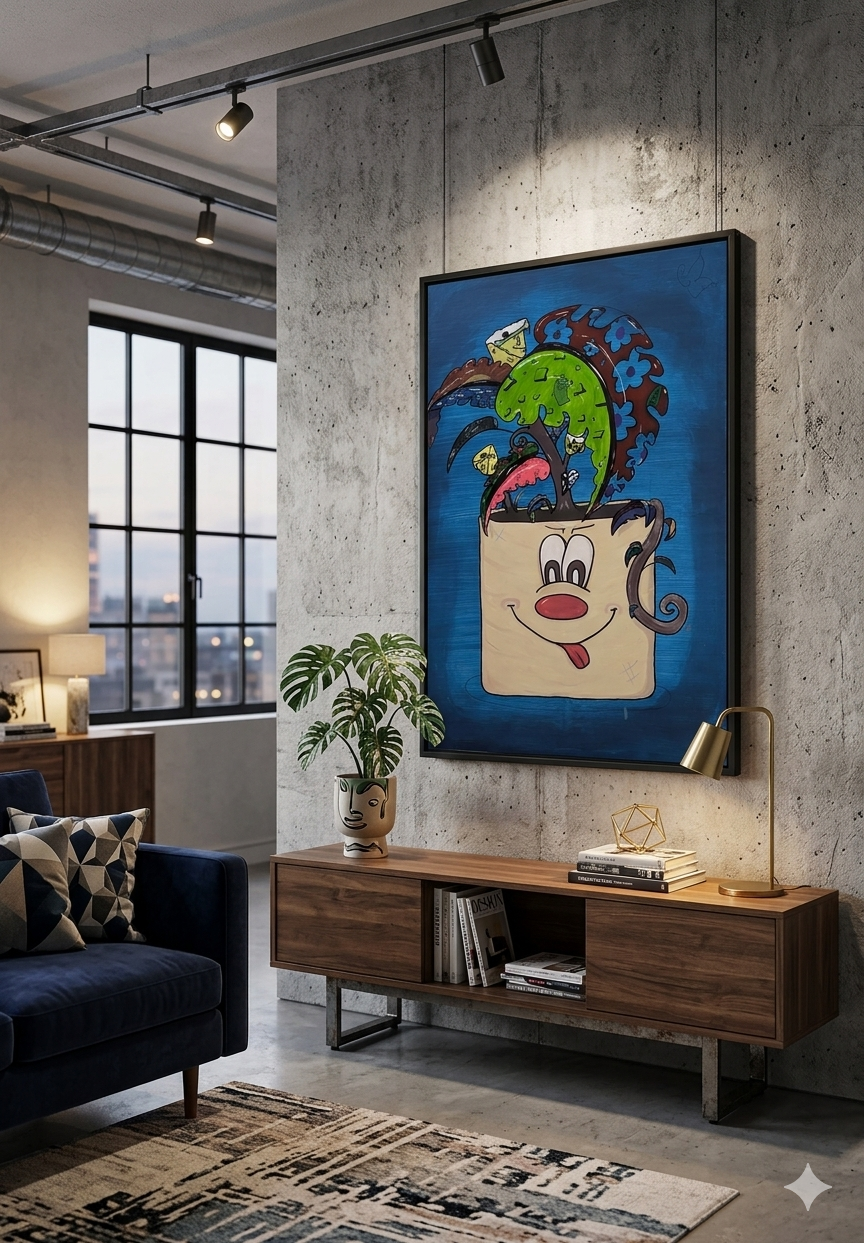 Whimsical Plant-Pocket Canvas Art — Playful Face & Tropical Leaves