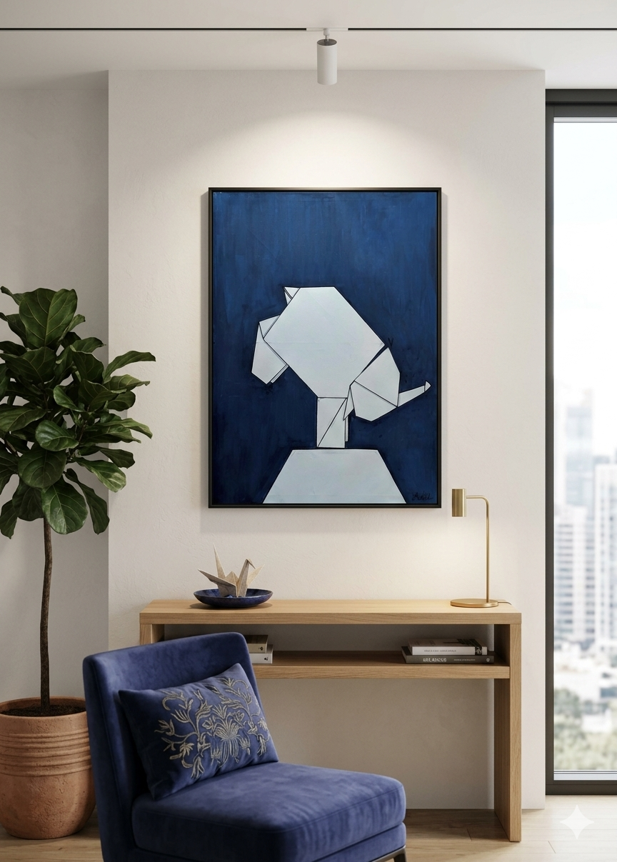 Origami Elephant Canvas Art — Minimalist Blue Stretched Canvas