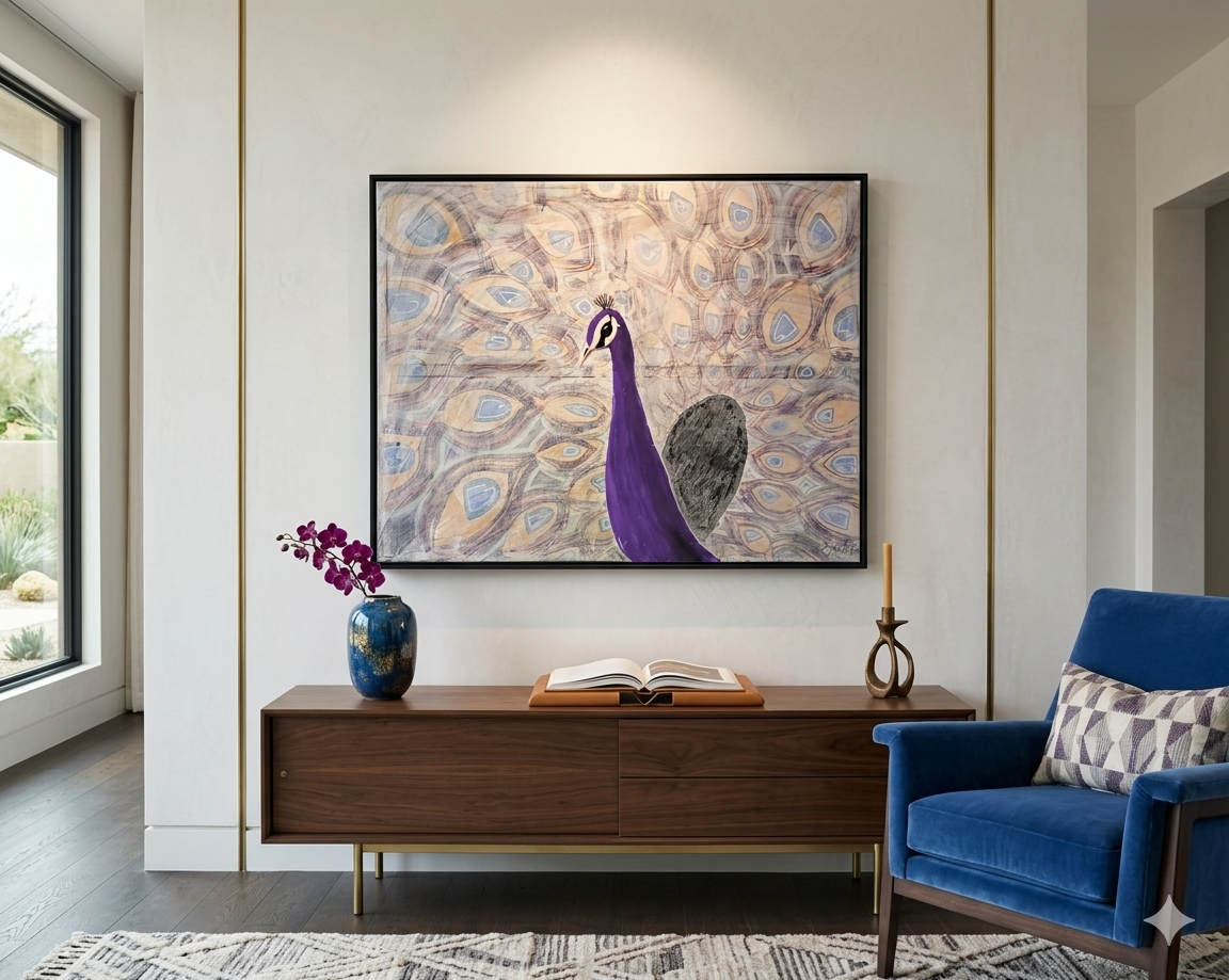 Purple Peacock Canvas Wall Art — Elegant Feather Pattern Stretched Canvas