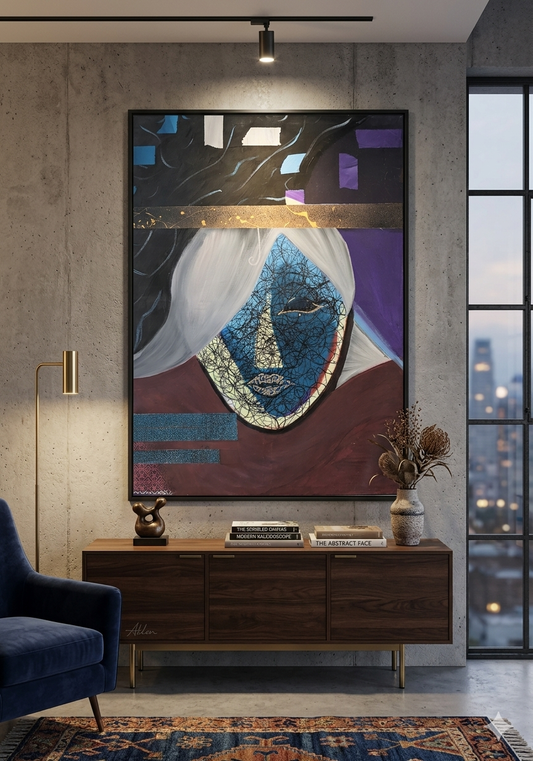 Abstract Blue Mask Canvas Print — Surreal Portrait Stretched Wall Art