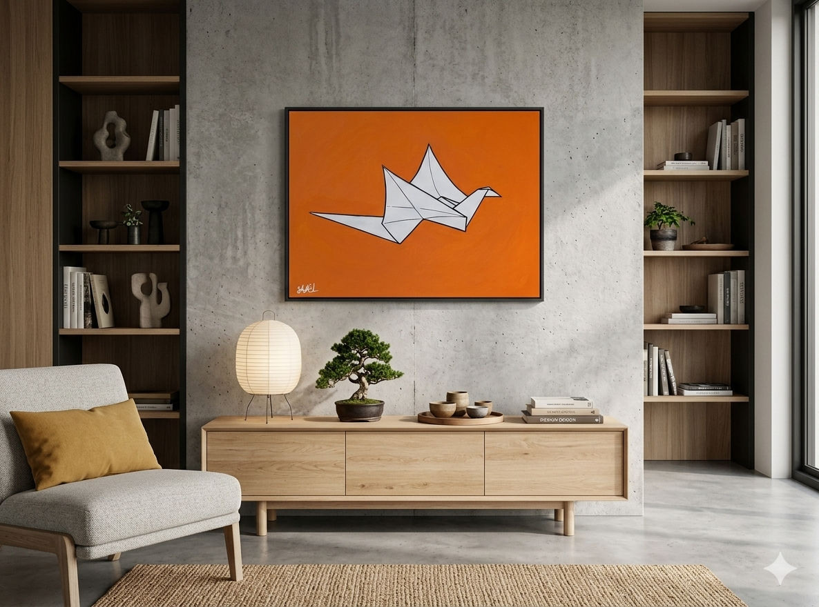 Origami Crane Canvas Wall Art — Modern Orange Stretched Canvas