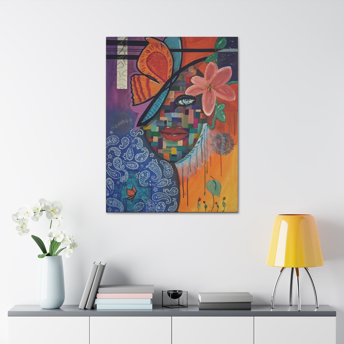 Abstract Floral Face Canvas Print – Colorful Pop Art Stretched Canvas