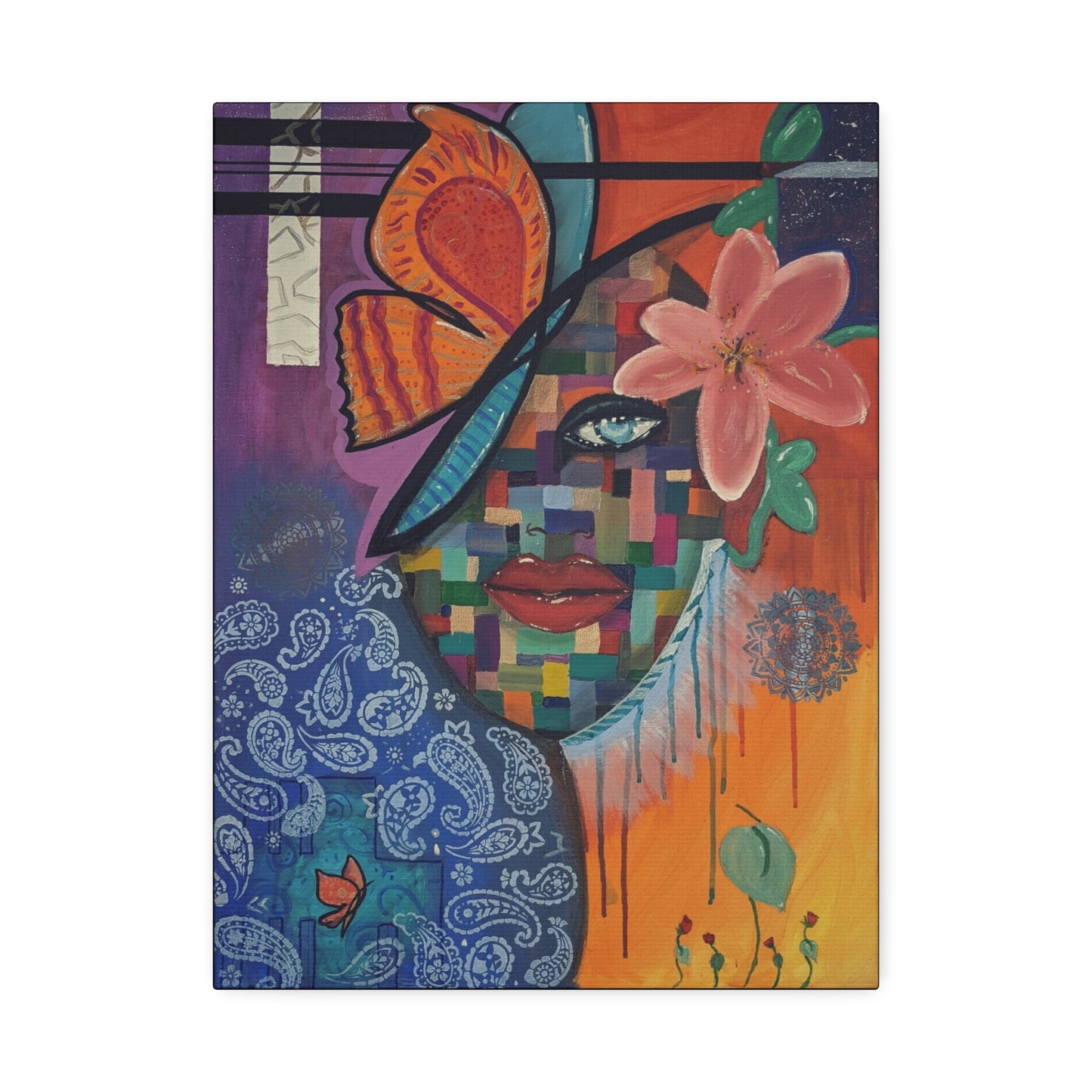 Abstract Floral Face Canvas Print – Colorful Pop Art Stretched Canvas