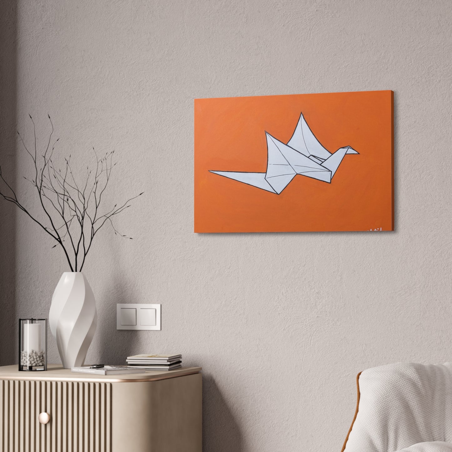 Origami Crane Canvas Wall Art — Modern Orange Stretched Canvas