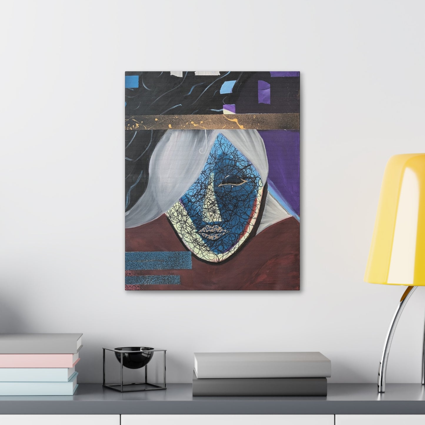 Abstract Blue Mask Canvas Print — Surreal Portrait Stretched Wall Art